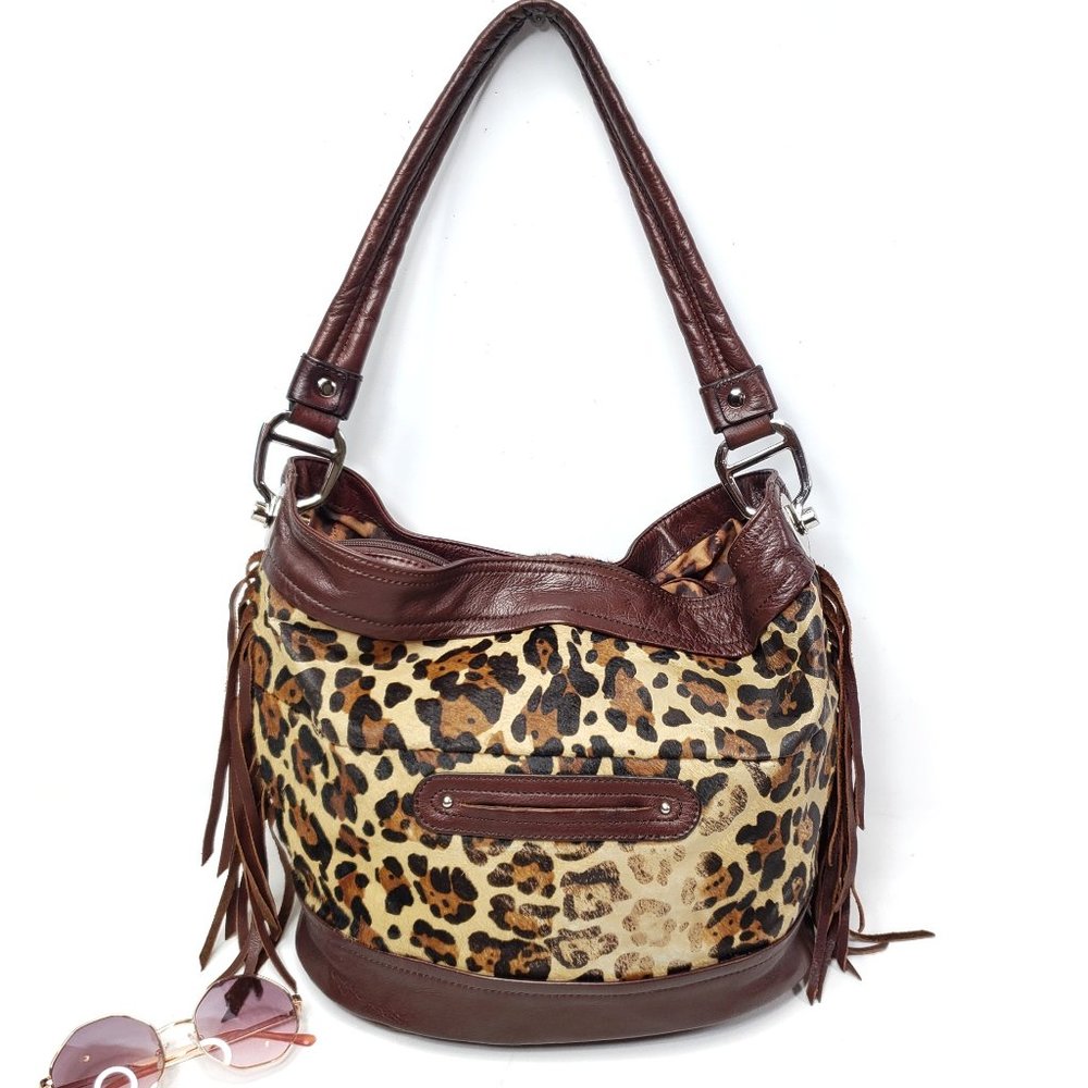 B. Makowsky Leopard Print Leather Bucket Bag